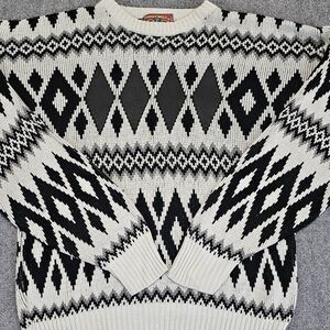 Vintage 80s Chartwell Sweater Mens XL Diamond Geometric Crewneck Leather Trim